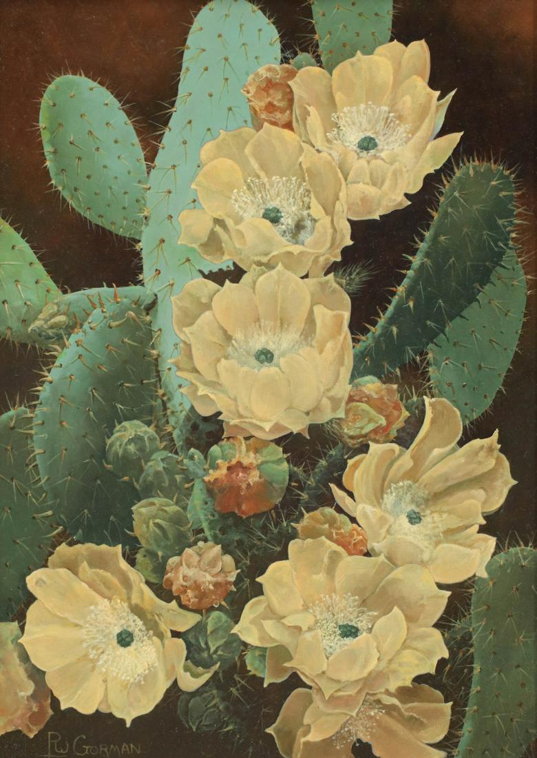 PATRICK WAYNE GORMAN (1929-2017) OIL ON ARTIST'S BOARD: A still life study of cactus in bloom, signed lower right. Patrick Gorman was born in Kansas City, Missouri in 1929 and studied at the Kansas City Art Institute before establishing his studio in Tucso