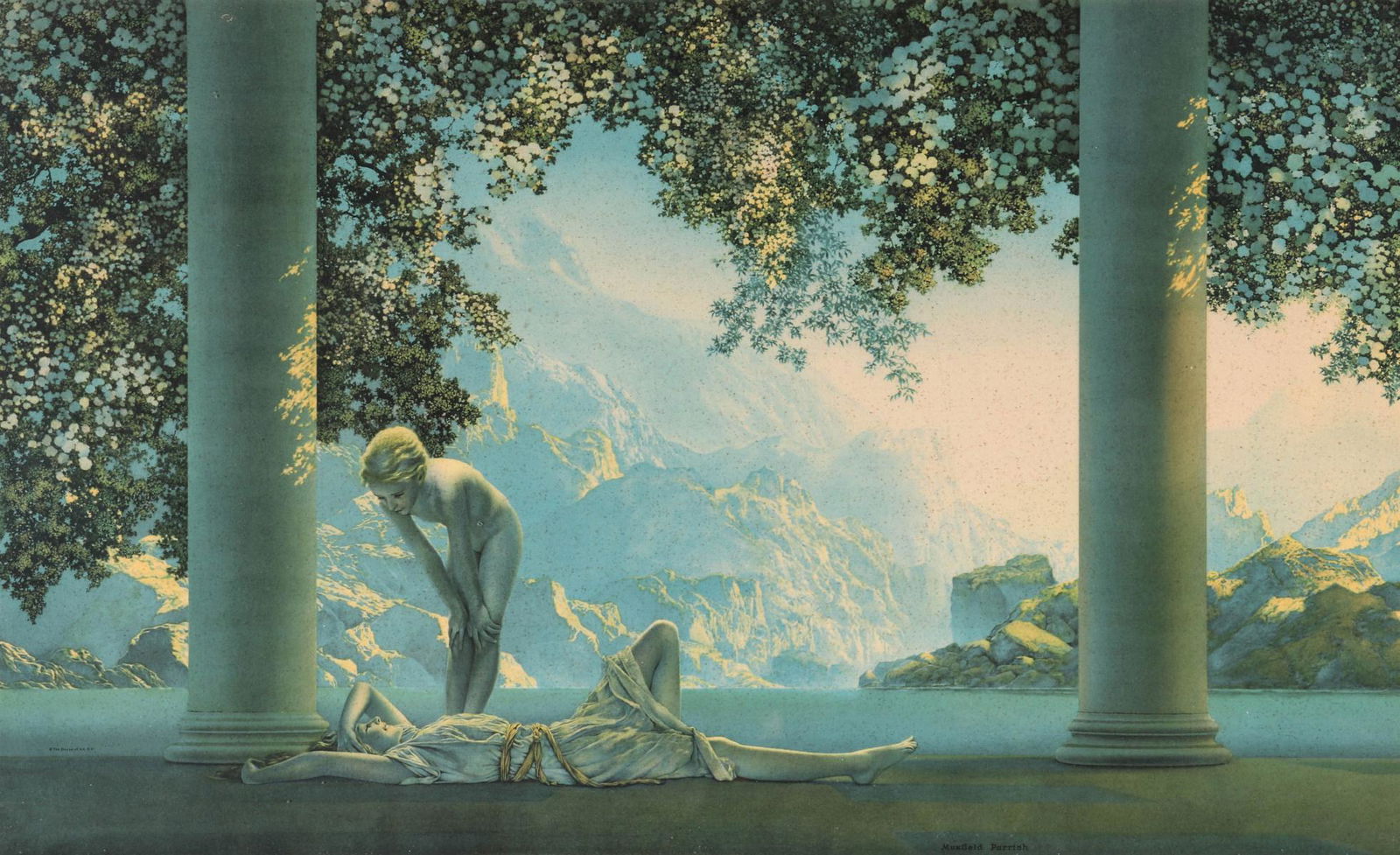 THREE CIRCA 1930 PRINTS AFTER MAXFIELD PARRISH: Maxfield Frederick Parrish (1870-1966) A large version of the image titled Daybreak, a small Mazda calendar top with the image titled 'Contentment', and the framed print titled Wild Geese. Sight size