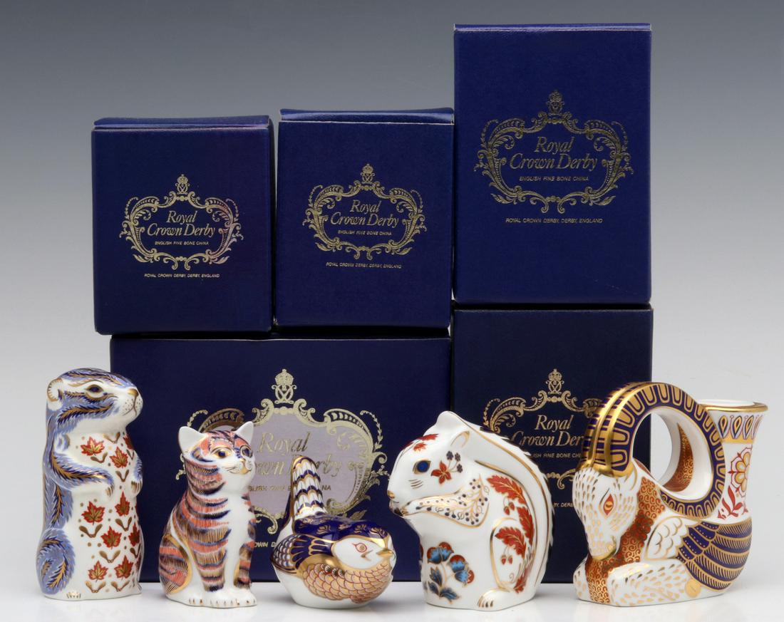 ROYAL CROWN DERBY ANIMAL FIGURINES WITH ORIGINAL BOX: The five porcelain animal figures include: a ram candleholder; Chipmunk paperweight; Kitten Sitting paperweight; Squirrel paperweight; and Wren paperweight, each with its original box. Measures 2.5 x 