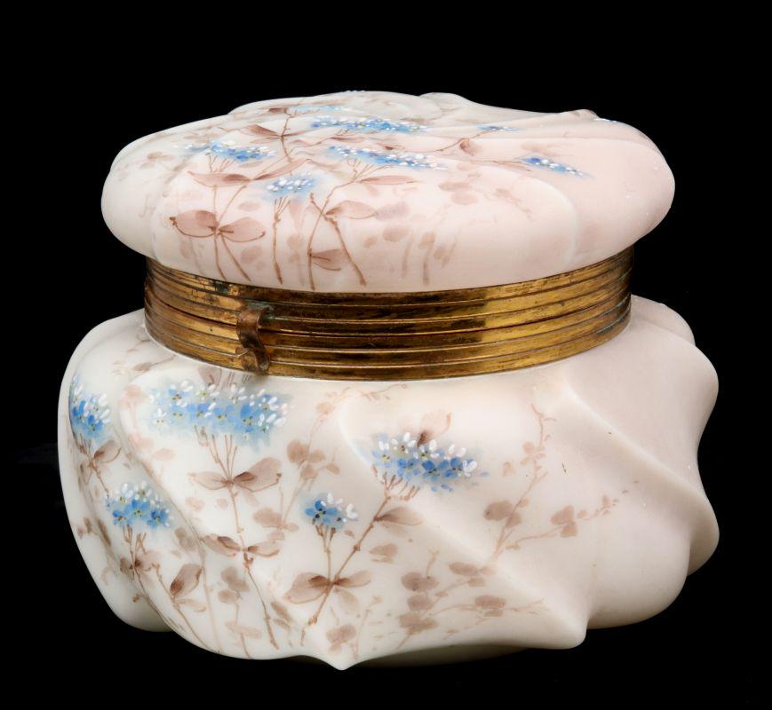 A WAVECREST VICTORIAN ART GLASS DRESSER BOX: The Helmschmied swirl pattern, metal mounts, unsigned, nice size. Measures 5 x 6 inches diameter. We happily provide seamless in-house packing and shipping services on nearly everything we sell.