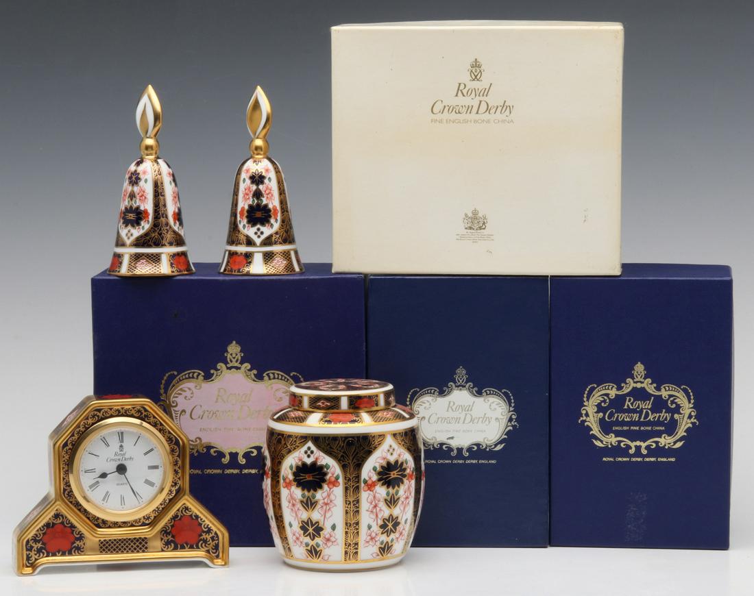 ROYAL CROWN DERBY GIFTWARE CLOCK, SNUFFERS, GINGER JAR: .Four objects with their original box. Measures 4.75 x 2 to 4 x 3.75 inches. We happily provide seamless in-house packing and shipping services on nearly everything we sell.