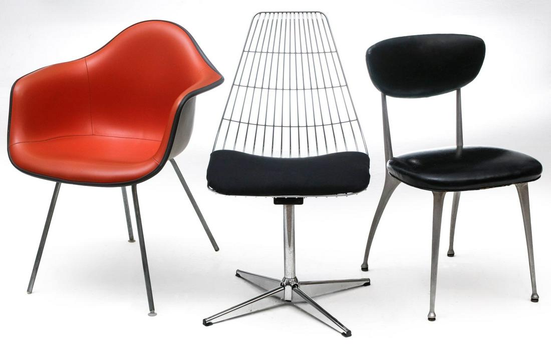 EAMES HERMAN MILLER, CHROMCRAFT, ANOTHER MODERN CHAIR: The vinyl covered Eames fiberglass tub chair by Herman Miller, plus a Chromcraft dining chair and a third chair with black vinyl seat and back on aluminum frame. The Chromcraft chair measures 34 x 19