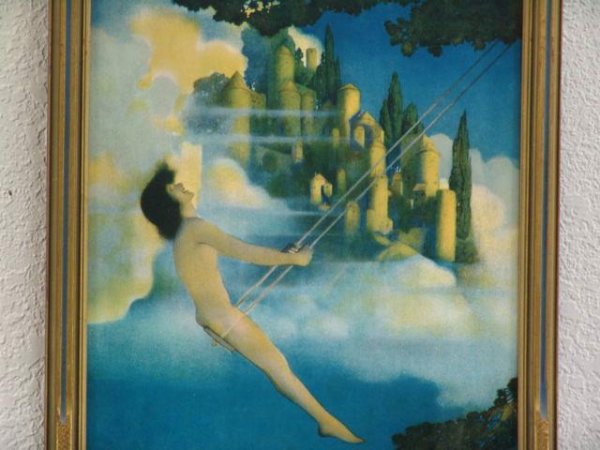 ORIG. MAXFIELD PARRISH PRINT - DINKY BIRD: This original Maxfield Parrish print is titled "Dinky Bird". It comes in its original deep blue & gold frame that measures 16 1/2" tall by 12 1/2" wide. Image size is 15" tall by 11" wide. Marked "M.P