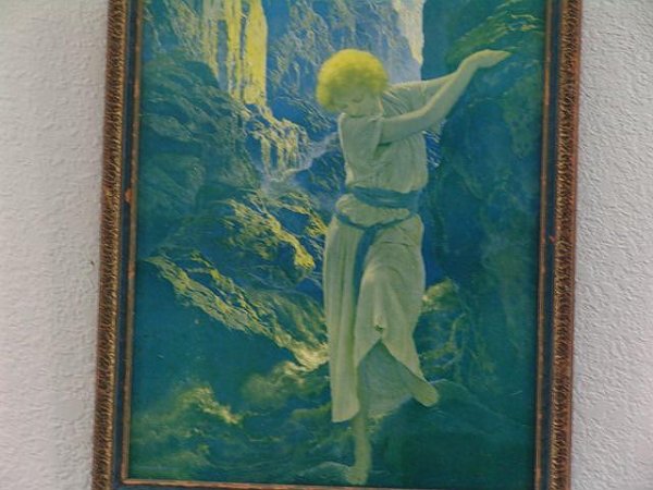 ORIGINAL MAXFIELD PARRISH PRINT - CANYON: This original Maxfield Parrish prInt is titled "The Canyon". It comes in its original deep blue & gold frame that is 16 1/2" tall by 13 1/2" wide. Image size is 14 3/4" tall by 11 1/2" wide. Marked "R