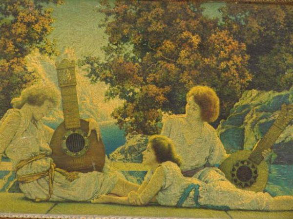 ORIG. MAXFIELD PARRISH TEXTURED LITHO LUTE PLAYERS: This original Maxfield Parrish textured lithograph is titled "The Lute Players". It comes in its original period frame that is 11 3/4" tall by 19 3/4" wide. Image size is 10" tall by 18" wide. It has