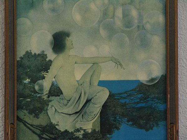 ORIG. MAXFIELD PARRISH PRINT - AIR CASTLES: This original Maxfield Parrish print is titled "Air Castles". It comes in its original blue & gold frame that measures 17 1/4" tall by 13 1/4" wide. Image size is 15 3/4" by 11 1/2" wide. It is in goo