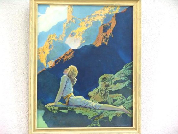 ORIG. MAXFIELD PARRISH PRINT - WILD GEESE: This original Maxfield Parrish print is titled "Wild Geese". It comes in a period gold frame that is 16 3/4" tall by 13 1/2" wide. Image size is 14 3/4" tall by 11 3/4" wide. Marked "Reinthal & Newman