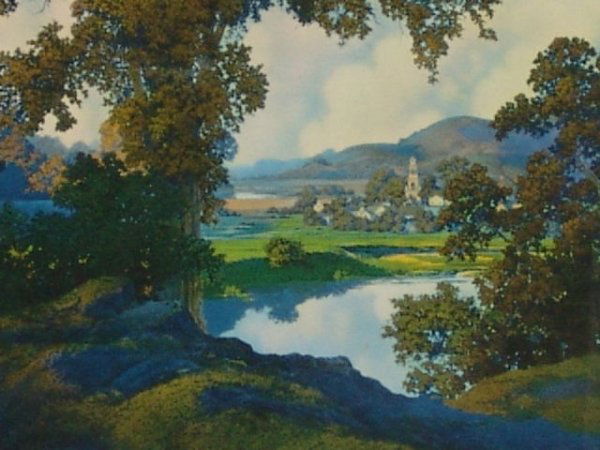 ORIGINAL MAXFIELD PARRISH PRINT - PEACEFUL VALLEY: Original Maxfield Parrish print titled "Peaceful Valley" put out by Brown & Bigalow. Comes in a simple wood frame that is 17 1/2" tall by 13 1/4" wide. The image measures 10 3/4" tall by 8" wide. Mark