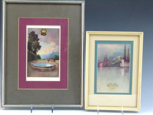 TWO ORIGINAL MAXFIELD PARRISH BOOKPLATES: Each nicely framed and matted in period frames, with titles of CICOGNA and PLINIANA. Overall sizes are 12 x 8.5 and 16 x 13 inches. These are original bookplates sold with double money back guarantee