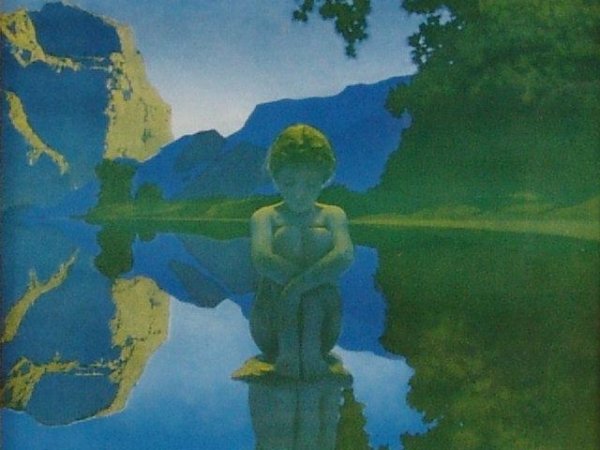 ORIGINAL MAXFIELD PARRISH PRINT - EVENING: This original Maxfield Parrish print is titled "Evening". It comes in its original deep blue & gold frame that is 16 1/2" tall by 13 1/4" wide. Print measures 14 3/4" tall by 11 1/2" wide. Marked "M.P