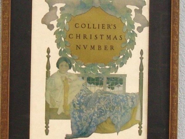 1906 MAXFIELD PARRISH COLLIER COVER: This is an original Collier's Magazine Christmas issue cover for 1906 drawn by Maxfield Parrish. Cover comes matted and in a frame that is 18" tall by 15" wide. Cover itself is 12 3/4" tall by 9 7/8"