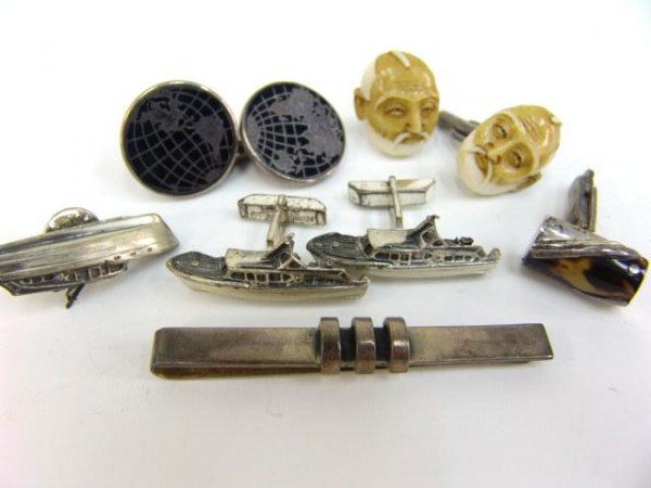 STERLING & OTHER JEWELRY INCL 1 SPRATLING CUFF LIN: Includes sterling silver tie bar, sterling globe cuff links, Fenwick & Sailors sterling yacht tie pin and cuff links plus carved bone cuff links. Single William Spratling cuff link with natural materi