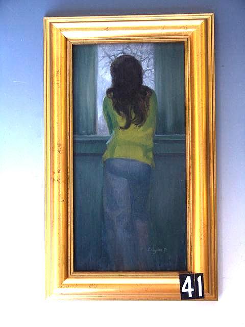 OIL ON BOARD OF WOMAN AT WINDOW LEDGE
