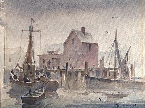 JOHN CUTHBERT HARE (1908-1978) WAT5ERCOLOR PAINTING: A Massachusetts marine artist who painted boats, seascapes and harbor scenes. His work is in the collections of the Lowe Art Museum and the Lightner Museum in Florida, and the Smith College Museum of