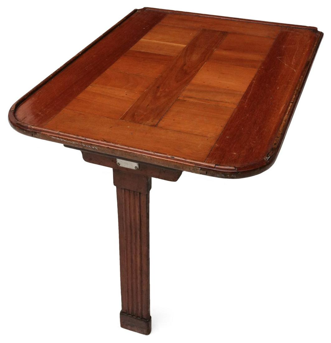 PULLMAN MARYLAND CLUB FOLDING BUFFET/SLEEPER CAR TABLE: The mixed hardwoods in parquet style inlay, folding Art Deco design influence leg and hinged mechanism allow the buffet to stow flat, stenciled 'Maryland Club' under the table top. See 'Pullman Compan