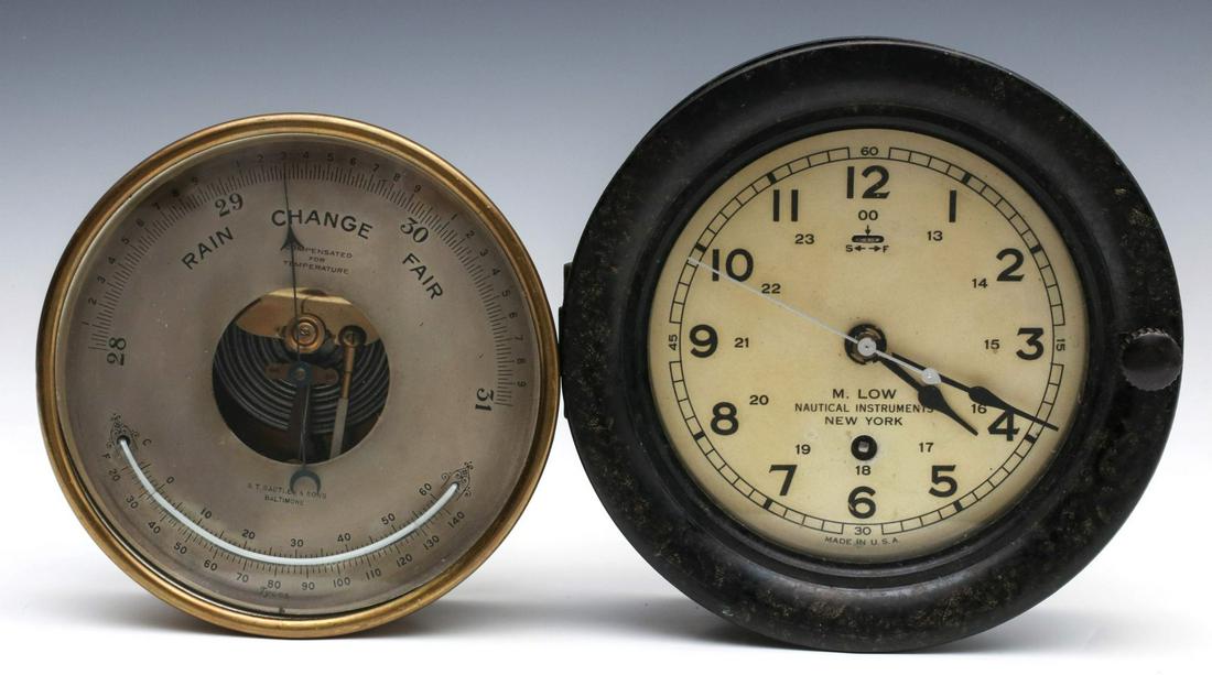 AN 'M. LOW' NAUTICAL INSTRUMENTS CLOCK WITH BAROMETER: The ship's clock in bakelite-type case with Arabic numeral chapter ring signed M. LOW NAUTICAL INSTRUMENTS NEW YORK on the dial, time only, sweep seconds hand. Plus a brass case barometer with engrave