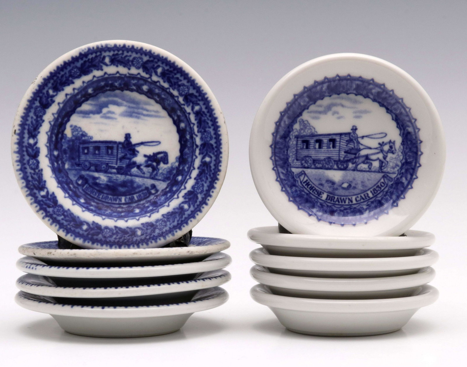 B&O RAILROAD 'CENTENARY COLONIAL' CHINA BUTTER PATS: Five 3.125-inch butter pats signed with blue Scammell's Lamberton and black Shenango backstamps. Five 3.5-inch butter pats signed with blue Scammell's Lamberton marks. Measure 3.125 and 3.5 inches. Pr