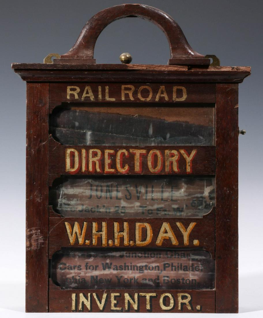 A 19TH C RAILROAD DIRECTORY MODEL INVENTOR W. H. H. DAY: Presumably a patent model, the walnut case with printed cloth rollers listing mileage between towns/stops. Measures 12 x 9 x 2 inches. Provenance: The Collection of Ed McHugh, Massillon, Ohio We happi