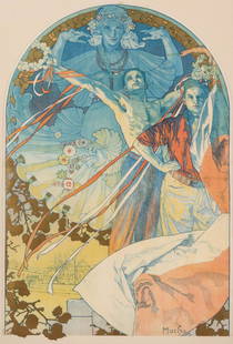 ALPHONSE MUCHA POSTER FOR SLAVIC PAGEANT ON THE VLTAVA: Alphonse Maria Mucha (1860-1939) The lithograph in colors with gold embossing for Slavnostni Hra Na Vltave (Slavic Pageant on the Vltava), printed by J. Ziegloser, 1926, Prague, signed in the plate