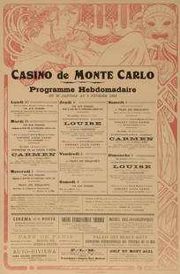 ALPHONSE MUCHA (1860-1939) CASINO de MONTE CARLO POSTER: Alphonse Maria Mucha (1860-1939) Casino de Monte Carlo Programme Hebdomadaire 1922 The stock design with Alphonse Mucha illustration accommodating advertisement for Casino de Monte Carlo Programme