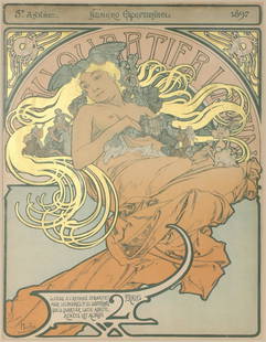 ALPHONSE MUCHA ILLUSTRATED COVER FOR AU QUARTIER LATIN: Alphonse Maria Mucha (1860-1939) Au Quartier Latin The lithography cover with gold embossing for Au Quartier Latin - 5e Annee, Numero Exceptionnel, (complete magazine framed), 1897, published by P.