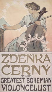 ALPHONSE MUCHA LITHOGRAPH POSTER FOR ZDENKA CERNY -1913: Alphonse Maria Mucha (1860-1939) Zdenka Cerny - The Greatest Bohemian Violon Cellist 1913 - 1914 The lithograph poster in multiple colors depicting Czech/American violoncellist Zdenka Cerny seated bef