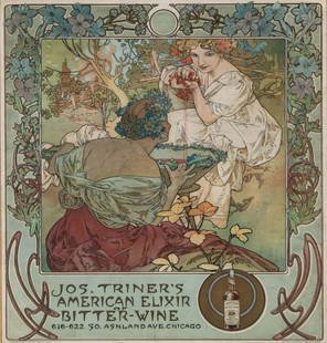 ALPHONSE MUCHA FOR JOS TRINER: Alphonse Maria Mucha (1860-1939) Jos. Triner's Angelica Bitter Tonic First quarter of the 20th Century. The lithograph advertising poster in multiple colors with metallic highlights for Jos.