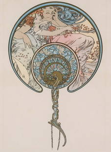 AFTER ALPHONSE MUCHA (1860-1939) DECORATIVE PANEL: Alphonse Maria Mucha (1860-1939) Le Vent Qui Passe emporte la Jeunesse for Panneau Decoratif Circa 1899. The black lithographic line work image with vivid hand coloring 'au pochoir' with