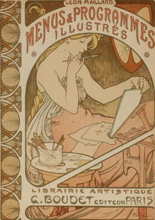 ALPHONSE MUCHA COVER DESIGN FOR MENUS & PROGRAMMES: Alphonse Maria Mucha (1860-1939) 1898 The complex design in multiple lithographed colors for 'Menus & Programmes Illustres' by Leon Maillard, signed Mucha in the plate, printed on heavy vellum