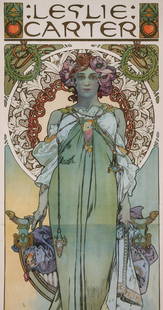 ALPHONSE MUCHA 1908 LIFE-SIZED POSTER FOR LESLIE CARTER: Alphonse Maria Mucha (1860-1939) 1908 The life-sized lithograph poster printed in America for the promotion of Mrs. Leslie Carter as lead actress in the play Kassa, signed in the plate and dated