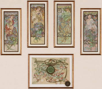 ALPHONSE MUCHA ILLUSTRATIONS FOR SAVON MUCHA, 1906: Alphonse Maria Mucha (1860-1939) A collection of five packaging labels, the very colorful stone lithography with metallic gold embossing on paper for Savon Mucha soap / Armour and Company, Chicago,