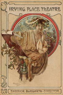 THEATRE PROGRAM COVER AFTER ALPHONSE MUCHA (1860-1939): Alphonse Maria Mucha (1860-1939) 1908 - 1910 The color lithograph cover design after the Alphonse Mucha illustration, created for Irving Place Theater brochure depicting a Classical drama as a