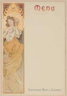 MOET AND CHANDON MENU AFTER ALPHONSE MUCHA (1860-1939): Alphonse Maria Mucha (1860-1939) One example from a set of ten different illustrations Alphonse Mucha was commissioned to create for Champagne Moet and Chandon circa 1900, the advertising menu cards