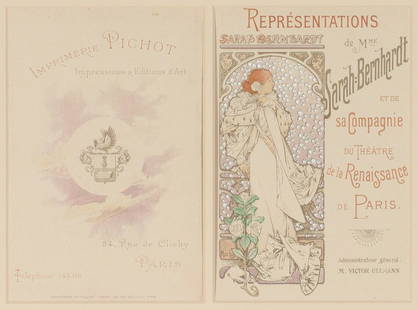 ALPHONSE MUCHA THEATRE DE LA RENAISSANCE PROGRAM 1898: Alphonse Maria Mucha (1860-1939) THEATRE SARAH-BERNHARDT DE PARIS 1898 The color lithograph program cover for Sarah Bernhardt and Company at Theatre De La Renaissance in Paris, circa 1898, framed