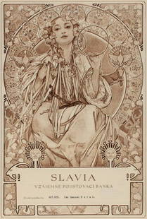 ALPHONSE MUCHA (1860-1939) ILLUSTRATED DOCUMENT: Alphonse Maria Mucha (1860-1939) Early 20th century. The illustrated document for Vzajemne Pojistovaci Banka (Insurance Bank 'Slavia'), 1907, Prague, insurance policy certificate, sepia gravure print