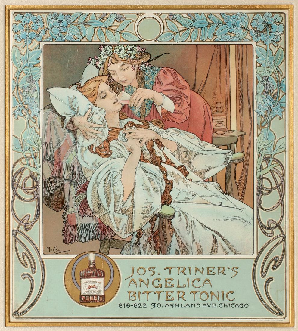 ALPHONSE MUCHA FOR JOS TRINER: Alphonse Maria Mucha (1860-1939) Jos. Triner's Angelica Bitter Tonic First quarter of the 20th Century. The lithograph advertising poster in multiple colors with metallic highlights for Jos. Triner's 