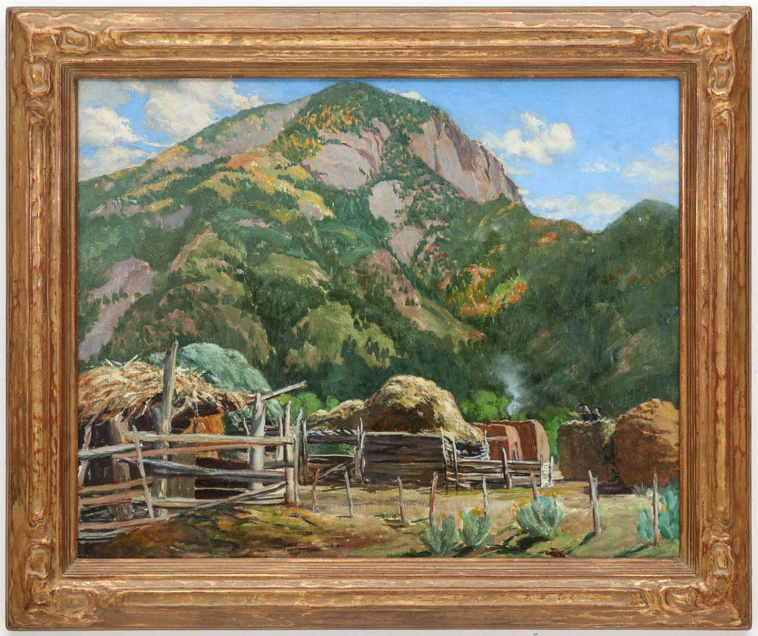 FERN EDIE KNECHT (1888-1979) OIL IN TAOS SCHOOL FRAME: Fern Elizabeth Edie Knecht (1888-1979) Haying Time / Hay Stacks (at Arroyo Seco) Circa 1927. Signed verso and titled 'Hay Stacks and Taos Mt.' in pencil, titled again by a typed label 'Haying Time (at