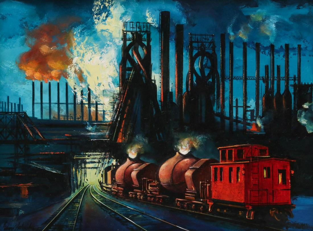 EDWIN FULWIDER (1913-2003) INDUSTRIAL VIEW OIL ON BOARD (1 of 12)