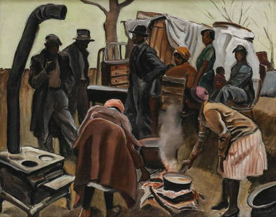 ROBERT HALLOWELL (186-1939) WPA ARTIST, OIL ON CANVAS: Robert Hallowell (186-1939) Untitled Hooverville Camp Scene Circa 1935 Signed lower right.Arguably the best painting by Robert Hallowell to be offered at auction, this undated work of social commentar