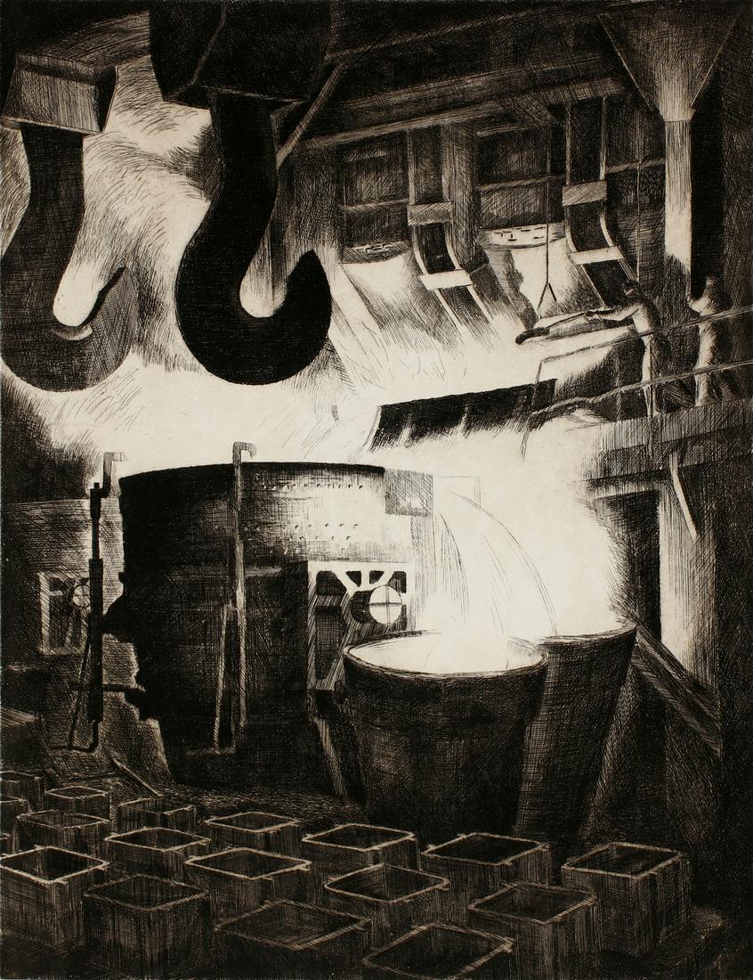 JACKSON LEE NESBITT (1913-2008) PENCIL SIGNED ETCHING: Jackson Lee Nesbitt Tapping a Heat - Sheffield Steel Corporation 1937 The industrial scene composition titled 'Tapping a Heat - Sheffield Steel Corporation' in pencil lower left, numbered 2/80 center
