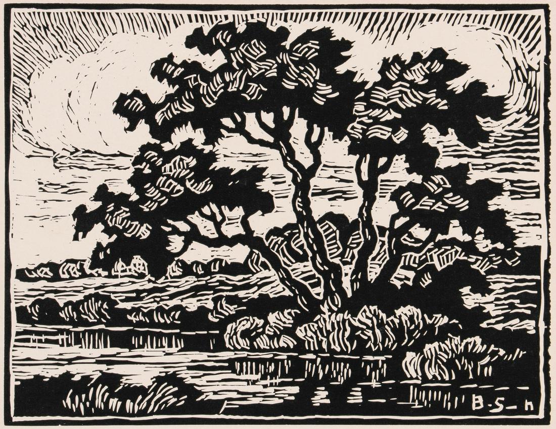 BIRGER SANDZEN (1871-1954) PENCIL SIGNED LINOCUT: Birger Sandzen (1871-1954) Pasture with Willows 1937 Edition of 100 (Greenough blockprint-81). Titled 'Pasture with Willows' in pencil lower left, signed by the artist lower right and initialed within