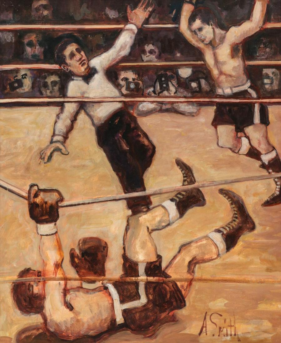 A. SMITH (20TH C.) OIL ON ARTIST'S BOARD BOXING SCENE: Attributed To Arthur Smith (1897-1972) Signed lower right. Board size 34 x 28, frame measures 40.25 x 34.25 inches. We happily provide seamless in-house packing and shipping services on nearly everyth