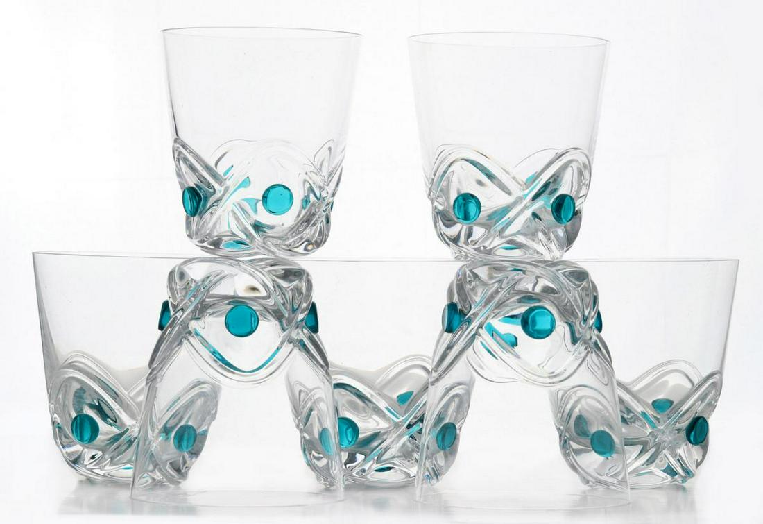 SEVEN LALIQUE 'FLORIDE' OLD FASHIONED TUMBLERS: The seven French crystal flat tumblers in Floride pattern with applied aqua dot, engraved signature on the base of each. We happily provide seamless in-house packing and shipping services on nearly ev
