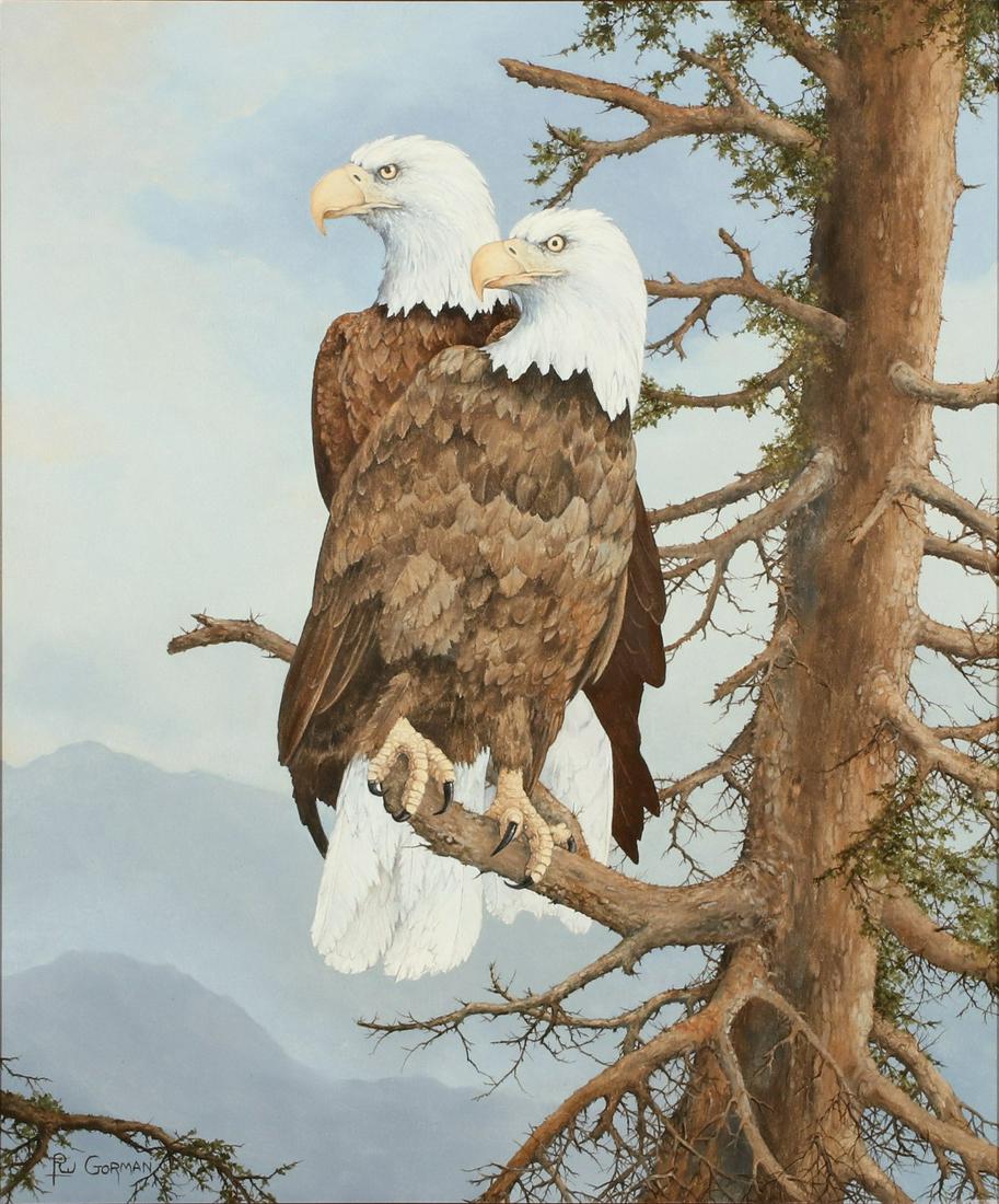 PATRICK WAYNE GORMAN (1929-2017) OIL ON CANVAS: Patrick Wayne Gorman (1929-2017) Bald Eagles Signed lower left, titled 'Bald Eagles' and signed on the stretcher. Canvas measures 24 x 20 with a framed size of 35 x 30 inches. Patrick Gorman was born 