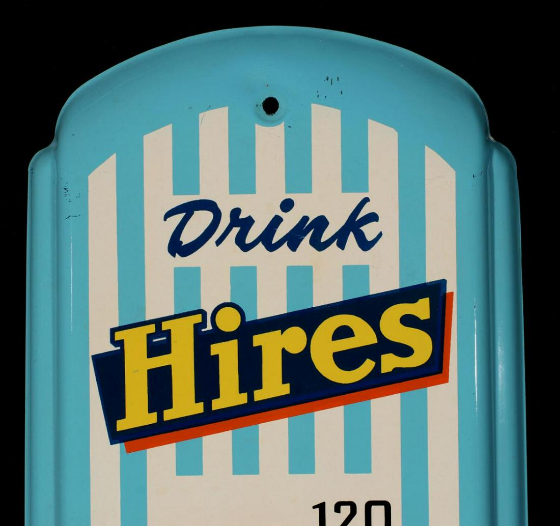 A GOOD HIRES ROOT BEER ADVERTISING THERMOMETER: The blue ground tin advertising pictures a colorful bottle of root beer and bright logo on design of white stripes. We happily provide seamless in-house packing and shipping services on nearly everyth