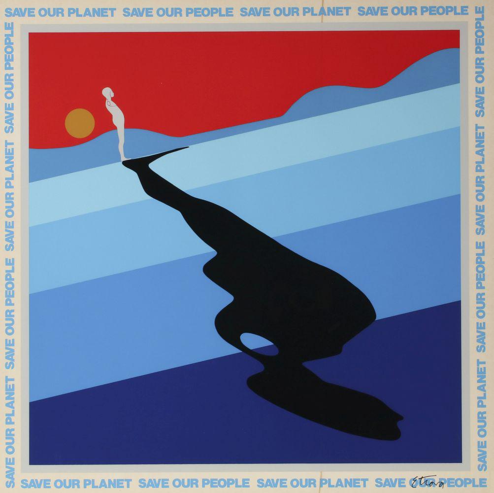 AFTER ERNEST TROVA: SAVE OUR PLANET POSTER 1971: The serigraph composition with the artist's signature 'Falling Man' motif, printed signature. Plus a pencil signed Sheldon C. Schoneberg 1967 French Exposition poster, signed lower right.Measures 35.2