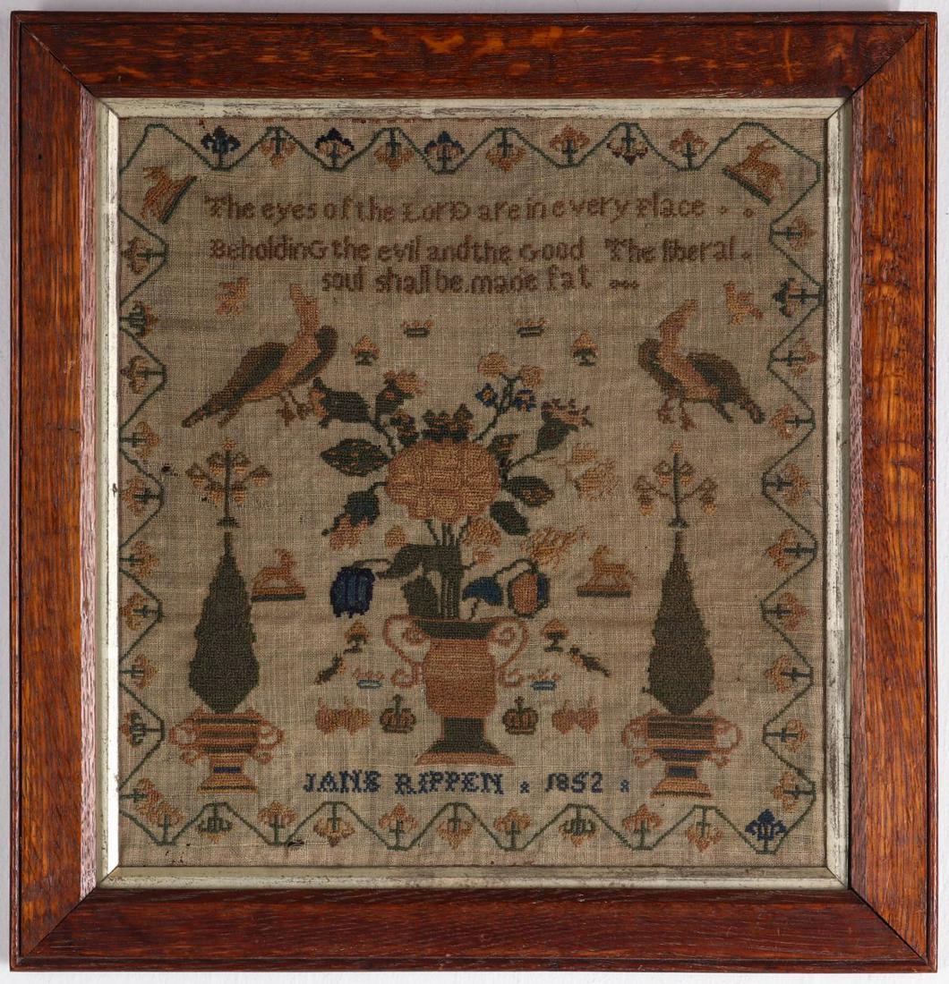 AN 1852 CROSS STITCH SAMPLER WITH BIRDS, VASE, CROWNS: Lettered Jane Rippen 1852. Measures approximately 15 inches square outer frame size. We happily provide seamless in-house packing and shipping services on nearly everything we sell.