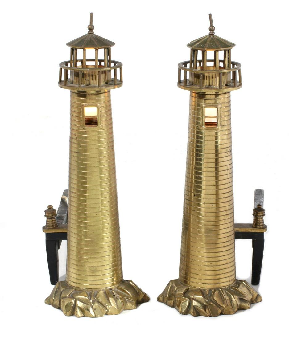ROSTAND DETAILED CAST BRASS LIGHTHOUSE FORM ANDIRONS: The cast brass or bronze pair marked on the dogs and the inside back of each detailed light house with cloth wrapped wiring. We happily provide seamless in-house packing and shipping services on nearl