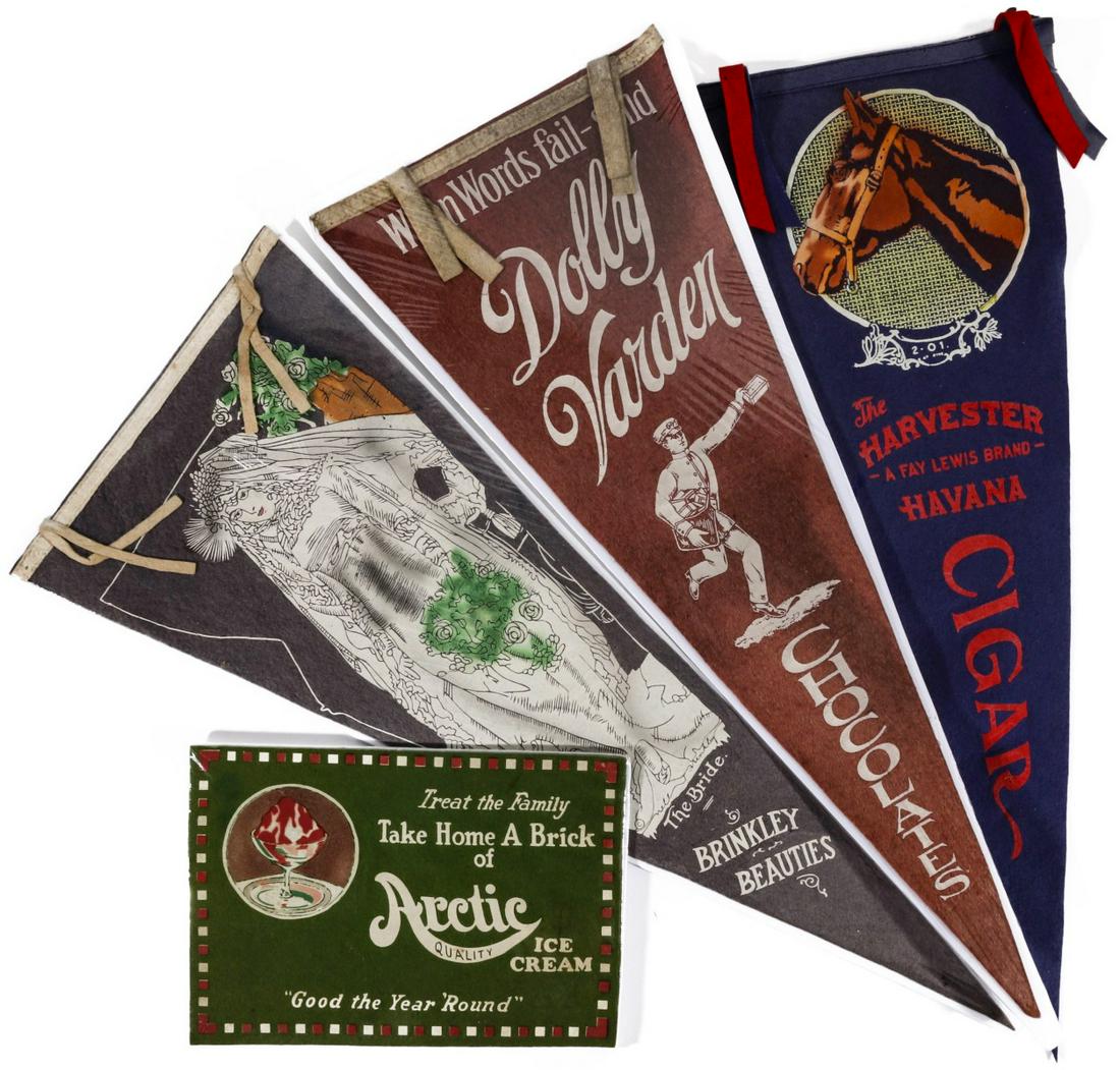 FELT PENNANTS ADVERTISING CIGARS, CHOCOLATES, ICE CREAM: Three painted felt pennants advertising Arctic Ice Cream, Dolly Varden Chocolates, The Harvester Havana Cigar pictures THE HARVESTER 2:01, considered one of the worlds fastest trotting stallions bred 