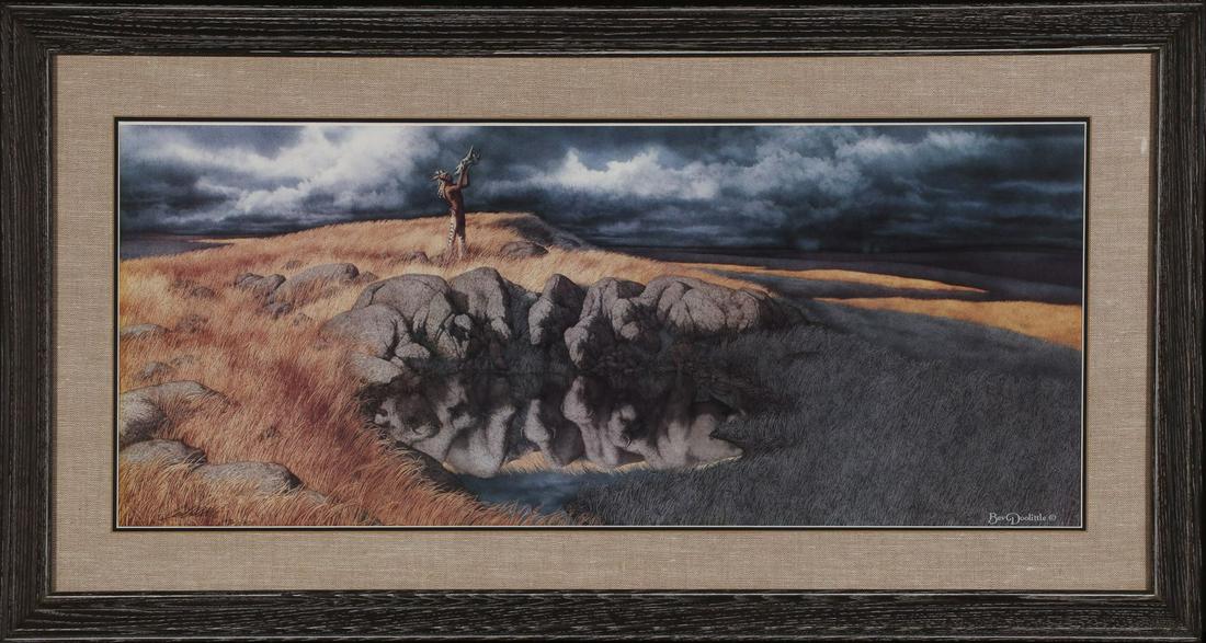 BEV DOOLITTLE (B. 1947) PENCIL SIGNED COLOR LITHOGRAPH: Bev Doolittle (Born 1947) Calling the Buffalo 1987 Pencil signed lower left, printed signature lower right, titled 'Calling the Buffalo' and edition of 8500 with a certificate verso. Sight size 13.5 x